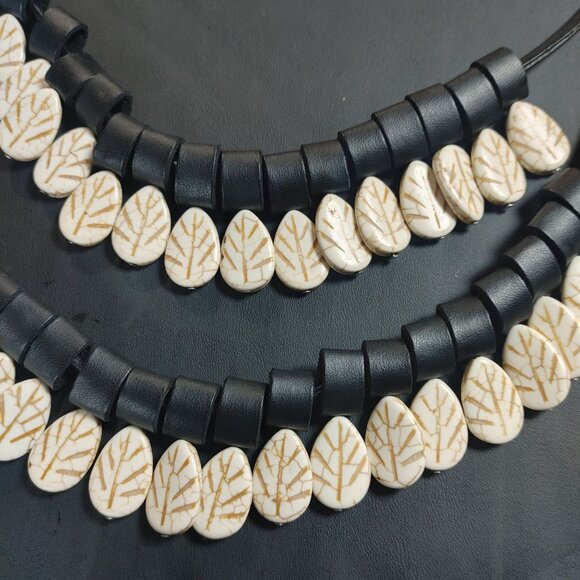 Tribal Necklace Black Tube Leather Stone White Leaf Beads Boho Statement Jewelry - Picture 11 of 15